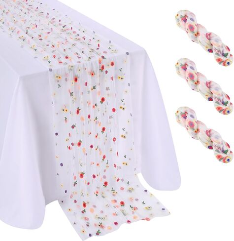 QueenDream Floral Tulle Table Runner 10FT Champagne Embroidery Daisy Spring Summer Table Linens Sheer Gauze Table Fabric Decorations for Home Wedding Tea Party Birthday in Saudi Arabia
