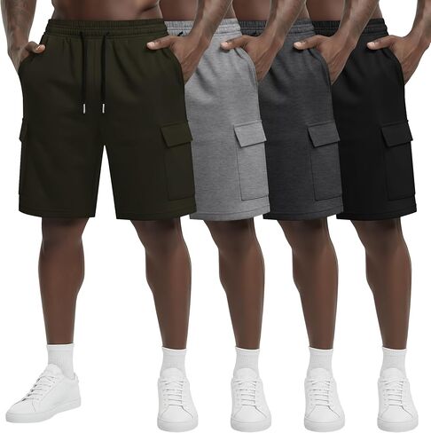 August Alley 4 Pack شورتات رياضية للرجال مقاس 9 بوصات مع 4 جيوب كاجوال برباط خصر مرن ملابس رياضية فضفاضة للصيف in Kuwait
