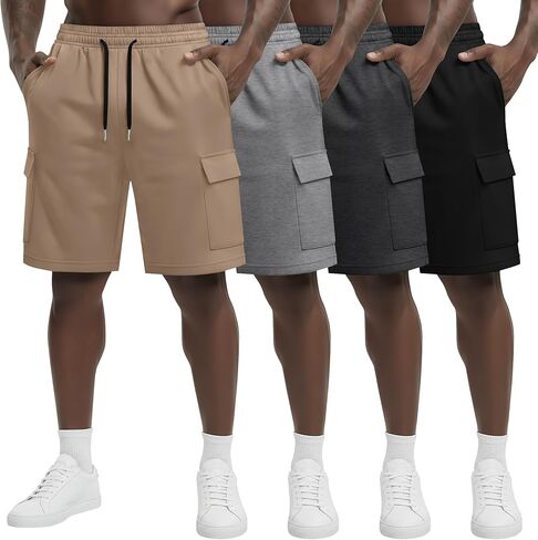 August Alley 4 Pack شورتات رياضية للرجال مقاس 9 بوصات مع 4 جيوب كاجوال برباط خصر مرن ملابس رياضية فضفاضة للصيف in Kuwait