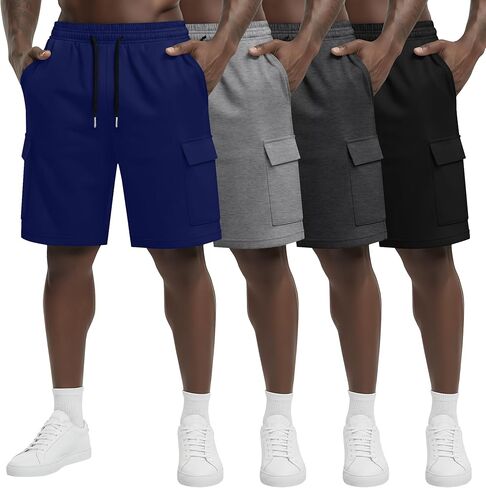 August Alley 4 Pack شورتات رياضية للرجال مقاس 9 بوصات مع 4 جيوب كاجوال برباط خصر مرن ملابس رياضية فضفاضة للصيف in Kuwait