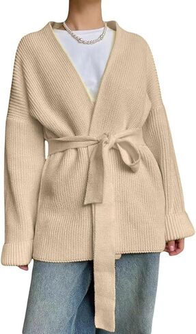 GGUHHU Open Front Cardigan for Women, V-Neck Long Sleeve Solid Color Wrap Sweater Coat with Belt in Saudi Arabia