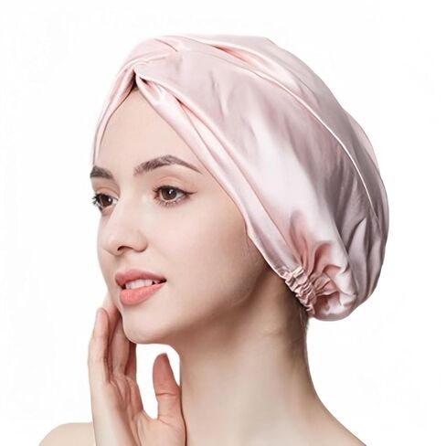 100% Mulberry Silk Bonnet Sleep Cap, Double Layer Silk Turban/Bonnet, Shower Cap, Adjustable Fit for Night Hair Care, 9 Colors (Pink, Adjustable Band) in Saudi Arabia