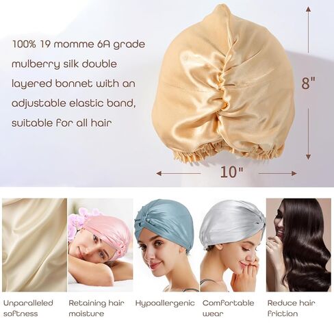 100% Mulberry Silk Bonnet Sleep Cap, Double Layer Silk Turban/Bonnet, Shower Cap, Adjustable Fit for Night Hair Care, 9 Colors (Pink, Adjustable Band) in Saudi Arabia