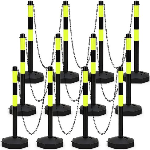 Geiserailie 12 Pack 34 Inches Traffic Delineator Posts with Green Reflective Stripes and 5ft Chain Safety Barrier Posts Cones Portable Parking Pole Traffic Cone Barrier for Parking Lot Construction in Saudi Arabia