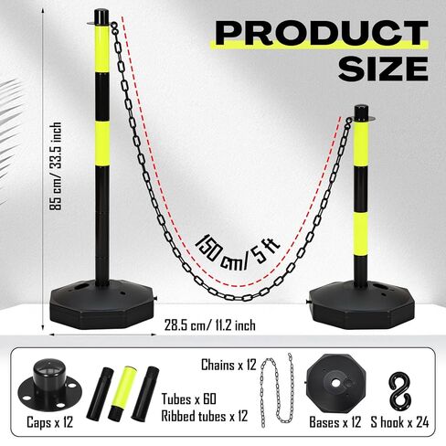 Geiserailie 12 Pack 34 Inches Traffic Delineator Posts with Green Reflective Stripes and 5ft Chain Safety Barrier Posts Cones Portable Parking Pole Traffic Cone Barrier for Parking Lot Construction in Saudi Arabia