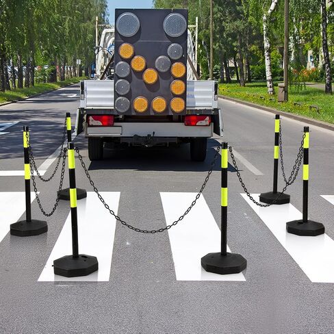 Geiserailie 12 Pack 34 Inches Traffic Delineator Posts with Green Reflective Stripes and 5ft Chain Safety Barrier Posts Cones Portable Parking Pole Traffic Cone Barrier for Parking Lot Construction in Saudi Arabia