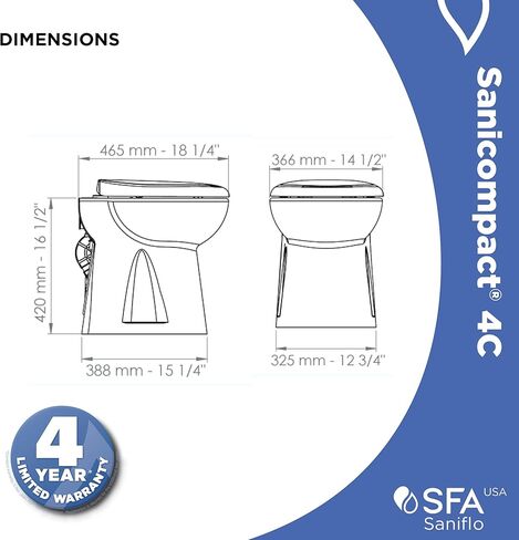 SFA SANIFLO - Sanicompact - 4C Dual-Flush Macerating Toilet - Space-Saving Half Bathroom Solution - Soft-close Toilet Seat Included - Certified CSA (IPC, NSPC) - Made In France in Kuwait