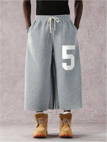 RoseSeek Men's Graphic Capri Pants Drawstring Waisted 3/4 Shorts Baggy Wide Leg Cropped Sweatpants with Pockets in Saudi Arabia