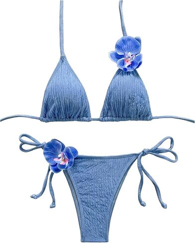 Floerns Women's 2 Piece Swimsuits Textured 3D Flower Halter String Bikini Sets Vacation Bathing Suit in Saudi Arabia