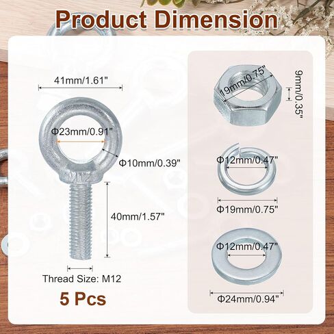 uxcell 5 Pack M12 Galvanized Carbon Steel Eye Bolts, 1/2" x 1.57" Lifting Ring Eye Bolt with Nuts and Washers Heavy Duty Screw Eye Bolts Kit for Tie Down Straps Indoors Outdoors, Silver in Saudi Arabia