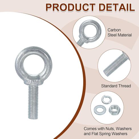 uxcell 5 Pack M12 Galvanized Carbon Steel Eye Bolts, 1/2" x 1.57" Lifting Ring Eye Bolt with Nuts and Washers Heavy Duty Screw Eye Bolts Kit for Tie Down Straps Indoors Outdoors, Silver in Saudi Arabia