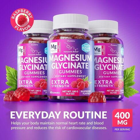 Magnesium Glycinate Gummies 400mg, Muscle Support and Relaxation, Magnesium Supplement for Women, Men and Kids, High Absorption, Sugar Free, Vegan, 60 Days Supply, Raspberry Flavor in Saudi Arabia