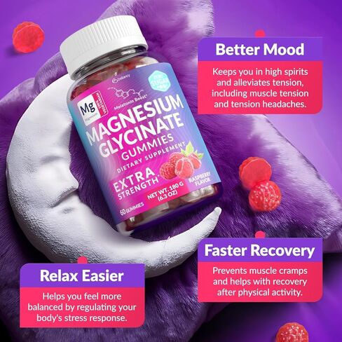 Magnesium Glycinate Gummies 400mg, Muscle Support and Relaxation, Magnesium Supplement for Women, Men and Kids, High Absorption, Sugar Free, Vegan, 60 Days Supply, Raspberry Flavor in Saudi Arabia