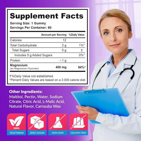Magnesium Glycinate Gummies 400mg, Muscle Support and Relaxation, Magnesium Supplement for Women, Men and Kids, High Absorption, Sugar Free, Vegan, 60 Days Supply, Raspberry Flavor in Saudi Arabia