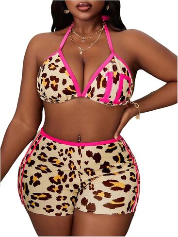 MakeMeChic Women's Plus Size Bikini Sets Triangle Halter Cheetah Print with Shorts Two Piece Bathing Suit in Saudi Arabia