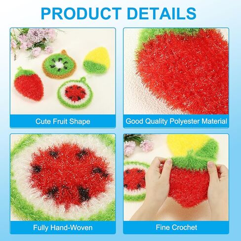 PATIKIL Dish Scrubber, 4 Pcs Non Scratch Cleaning Sponge Hand Crochet Double Layered Durable Dish Cloth Kitchen Sponge for Washing Dishes for Cookware Tubs, Watermelon & Fruit & Strawberry in Saudi Arabia