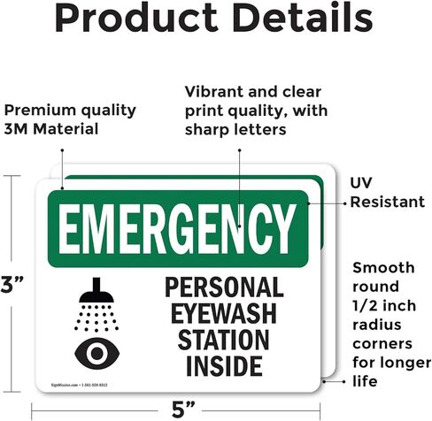 (2 Pack) Personal Eyewash Station Inside With Symbol OSHA Emergency Sign 5 Inch X 3.5 Inch Vinyl Label Decal Sticker Weather Resistant, UV Protected for Workplace, Construction Site, Made in the USA in Saudi Arabia