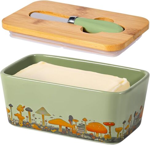 Mushroom Butter Dish with Lid,Large Butter Crock Keeper Saver,Ceramic Butter Container for Countertop with Highly Sealed Silicone Thick Wooden Lid for Kitchen Farmhouse Decor (Mint Green, Mushroom) in Saudi Arabia