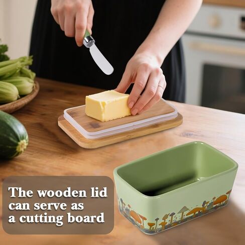 Mushroom Butter Dish with Lid,Large Butter Crock Keeper Saver,Ceramic Butter Container for Countertop with Highly Sealed Silicone Thick Wooden Lid for Kitchen Farmhouse Decor (Mint Green, Mushroom) in Saudi Arabia