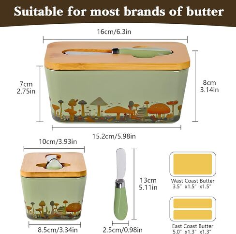 Mushroom Butter Dish with Lid,Large Butter Crock Keeper Saver,Ceramic Butter Container for Countertop with Highly Sealed Silicone Thick Wooden Lid for Kitchen Farmhouse Decor (Mint Green, Mushroom) in Saudi Arabia