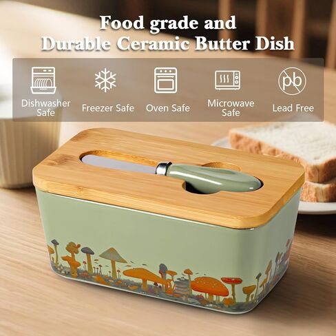 Mushroom Butter Dish with Lid,Large Butter Crock Keeper Saver,Ceramic Butter Container for Countertop with Highly Sealed Silicone Thick Wooden Lid for Kitchen Farmhouse Decor (Mint Green, Mushroom) in Saudi Arabia