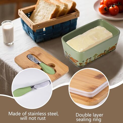 Mushroom Butter Dish with Lid,Large Butter Crock Keeper Saver,Ceramic Butter Container for Countertop with Highly Sealed Silicone Thick Wooden Lid for Kitchen Farmhouse Decor (Mint Green, Mushroom) in Saudi Arabia