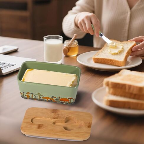Mushroom Butter Dish with Lid,Large Butter Crock Keeper Saver,Ceramic Butter Container for Countertop with Highly Sealed Silicone Thick Wooden Lid for Kitchen Farmhouse Decor (Mint Green, Mushroom) in Saudi Arabia