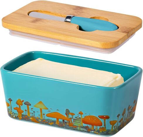 Mushroom Butter Dish with Lid,Large Butter Crock Keeper Saver,Ceramic Butter Container for Countertop with Highly Sealed Silicone Thick Wooden Lid for Kitchen Farmhouse Decor (Mint Green, Mushroom) in Saudi Arabia