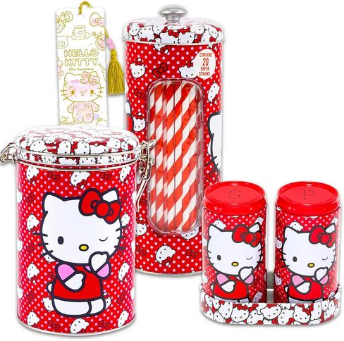 Hello Kitty Kitchen Decor Set - Bundle with Hello Kitty Cookie Jar, Salt and Pepper Shakers, Straw Holder, Plus Bookmark | Sanrio Kitchen Accessories Pack in Saudi Arabia