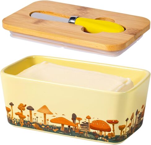 Mushroom Butter Dish with Lid,Large Butter Crock Keeper Saver,Ceramic Butter Container for Countertop with Highly Sealed Silicone Thick Wooden Lid for Kitchen Farmhouse Decor (Mint Green, Mushroom) in Saudi Arabia