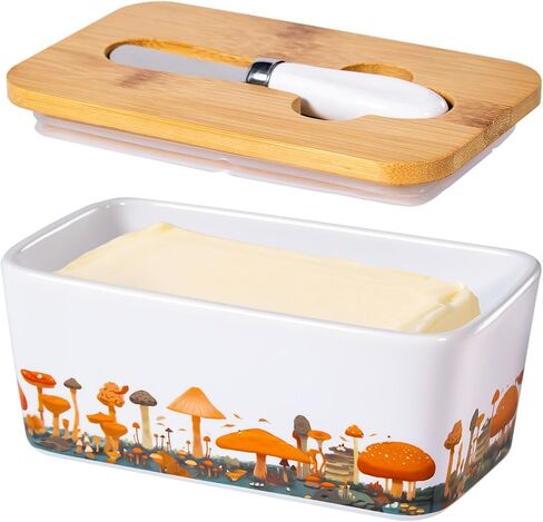 Mushroom Butter Dish with Lid,Large Butter Crock Keeper Saver,Ceramic Butter Container for Countertop with Highly Sealed Silicone Thick Wooden Lid for Kitchen Farmhouse Decor (Mint Green, Mushroom) in Saudi Arabia