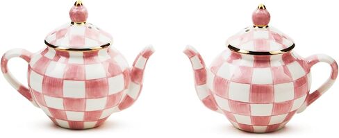MACKENZIE-CHILDS Teapot Salt and Pepper Shaker Set, Ceramic Salt and Pepper Holders, Pink-and-White Rosy Check in Saudi Arabia