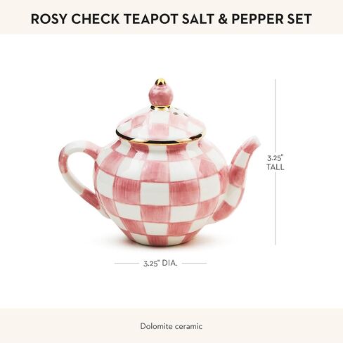 MACKENZIE-CHILDS Teapot Salt and Pepper Shaker Set, Ceramic Salt and Pepper Holders, Pink-and-White Rosy Check in Saudi Arabia