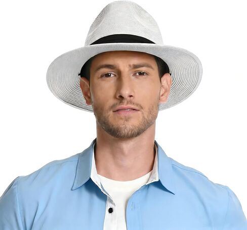 Panama Hat Sun Hats for Men Women Wide Brim Fedora Straw Beach Hat UV UPF 80+ in Saudi Arabia