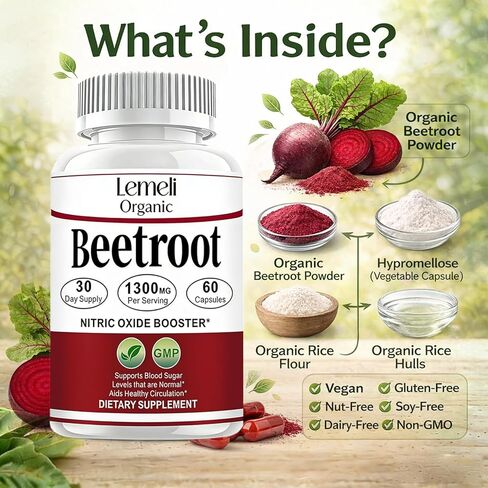 Beetroot, Beet Root Capsules, Organic Beet Root Powder, 1300mg Beet Root Powder, 60 Capsules, 30-Day Supply (60 Count (Pack of 1)) in Saudi Arabia