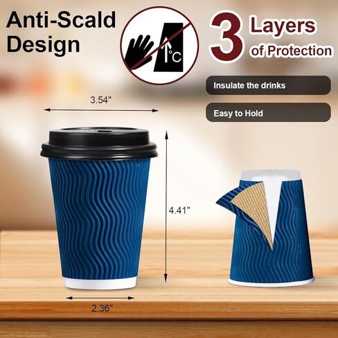 Lamosi 12 OZ Disposable Coffee Cups with Lids 50 Pack, Hot Paper Insulated Corrugated Ripple Wall Cup for To Go Drinks and Beverages in Saudi Arabia