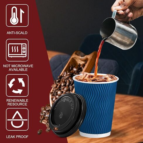 Lamosi 12 OZ Disposable Coffee Cups with Lids 50 Pack, Hot Paper Insulated Corrugated Ripple Wall Cup for To Go Drinks and Beverages in Saudi Arabia