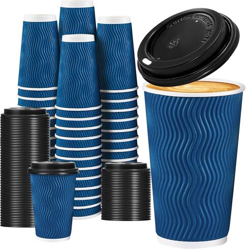 Lamosi 12 OZ Disposable Coffee Cups with Lids 50 Pack, Hot Paper Insulated Corrugated Ripple Wall Cup for To Go Drinks and Beverages in Saudi Arabia
