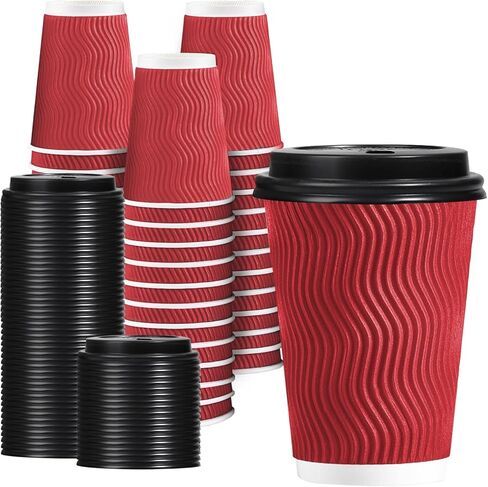 Lamosi 12 OZ Disposable Coffee Cups with Lids 50 Pack, Hot Paper Insulated Corrugated Ripple Wall Cup for To Go Drinks and Beverages in Saudi Arabia