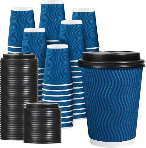 Lamosi 12 OZ Disposable Coffee Cups with Lids 50 Pack, Hot Paper Insulated Corrugated Ripple Wall Cup for To Go Drinks and Beverages in Saudi Arabia