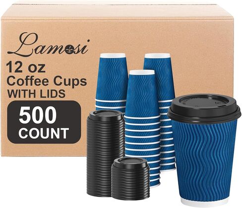 Lamosi 12 OZ Disposable Coffee Cups with Lids 50 Pack, Hot Paper Insulated Corrugated Ripple Wall Cup for To Go Drinks and Beverages in Saudi Arabia