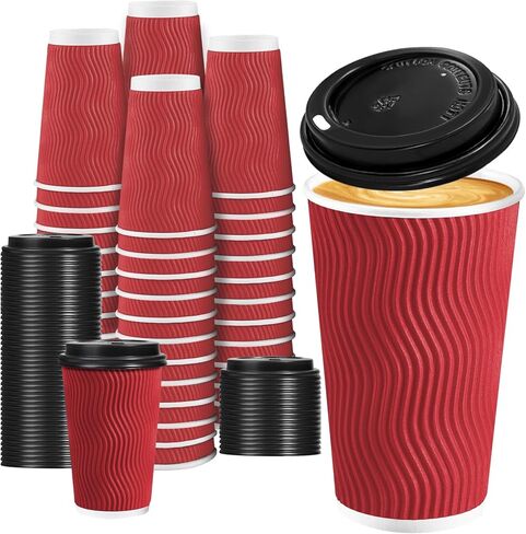 Lamosi 12 OZ Disposable Coffee Cups with Lids 50 Pack, Hot Paper Insulated Corrugated Ripple Wall Cup for To Go Drinks and Beverages in Saudi Arabia