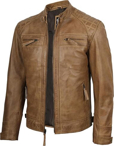 جاكيت بومبر من الجلد الحقيقي من FJackets - ياقة واقفة كاجوال للدراجات النارية مع غطاء رأس قابل للإزالة in Kuwait