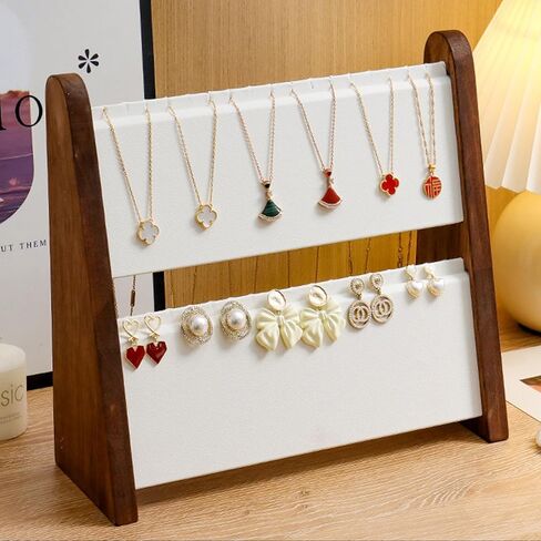 TANG SONG 3-Tier Wood Leather Soft Mat Multiple Necklace Display Stand Necklace Chains Organizer Holder for Home (Walnut-White) in Saudi Arabia