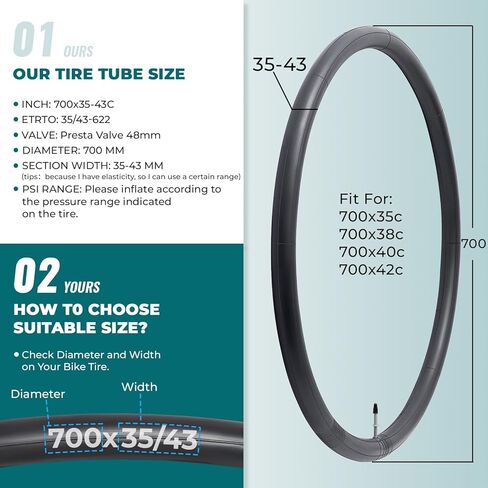 قطعتان من أنابيب الدراجة الفاخرة 700x35C/38C/40C/43C، متوافقة مع إطارات الدراجة 700x35C إلى 700x43C، مع صمام بريستا FV48mm، مطاط البوتيل، تستخدم لدراجات الجبال والطراد والمدينة والطرق in Kuwait