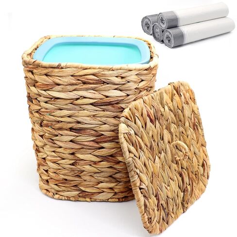 3 Gallons Wicker Waste Basket Can with Lid & Liner, Handwoven Wastebasket Wastepaper Basket with 60Pcs Bag, Wicker Trash Garbage Rubbish Can Bin Basket for Bedroom Bathroom Kitchen Office in Saudi Arabia