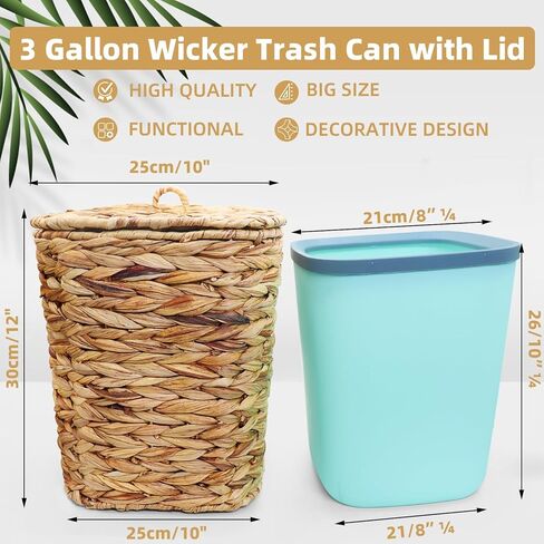 3 Gallons Wicker Waste Basket Can with Lid & Liner, Handwoven Wastebasket Wastepaper Basket with 60Pcs Bag, Wicker Trash Garbage Rubbish Can Bin Basket for Bedroom Bathroom Kitchen Office in Saudi Arabia