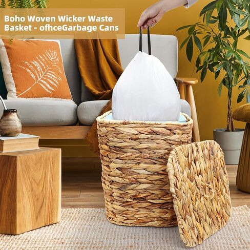 3 Gallons Wicker Waste Basket Can with Lid & Liner, Handwoven Wastebasket Wastepaper Basket with 60Pcs Bag, Wicker Trash Garbage Rubbish Can Bin Basket for Bedroom Bathroom Kitchen Office in Saudi Arabia
