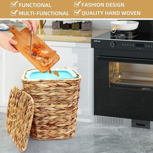 3 Gallons Wicker Waste Basket Can with Lid & Liner, Handwoven Wastebasket Wastepaper Basket with 60Pcs Bag, Wicker Trash Garbage Rubbish Can Bin Basket for Bedroom Bathroom Kitchen Office in Saudi Arabia