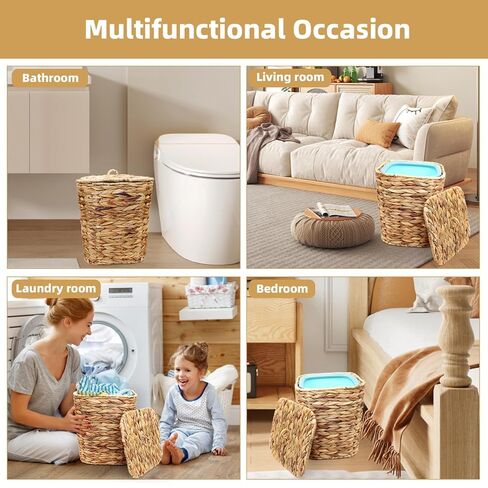 3 Gallons Wicker Waste Basket Can with Lid & Liner, Handwoven Wastebasket Wastepaper Basket with 60Pcs Bag, Wicker Trash Garbage Rubbish Can Bin Basket for Bedroom Bathroom Kitchen Office in Saudi Arabia